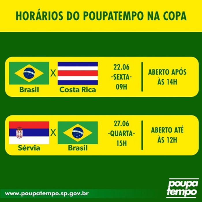 Poupatempo informa o expediente dos postos nos dias dos jogos do Brasil na  Copa