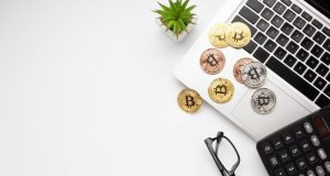 ”moedas de Bitcoin e calculadora em um laptop com óculos e planta ao lado"
