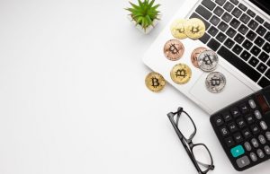 ”moedas de Bitcoin e calculadora em um laptop com óculos e planta ao lado"