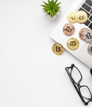 ”moedas de Bitcoin e calculadora em um laptop com óculos e planta ao lado"